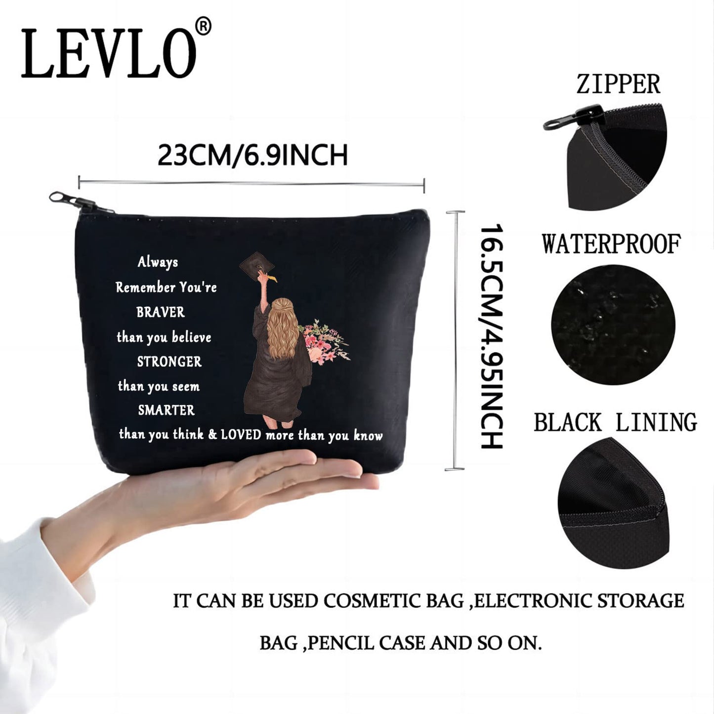 LEVLO Graduation Cosmetic Make up Bag Graduation Class Gift You Are Braver Stronger Smarter Than You Think Makeup Zipper Pouch Bag For Women Girls (Graduation Black)