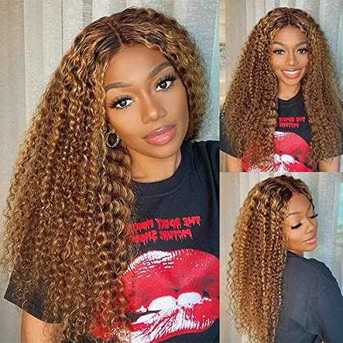 CYNOSURE 18 Inch Highlight Ombre Deep Curly Lace Front Wigs Human Hair 13x5 HD Transparent Lace Frontal Wig Honey Blonde Jerry Curly Wig Human Hair Pre Plucked 180 Density for Women