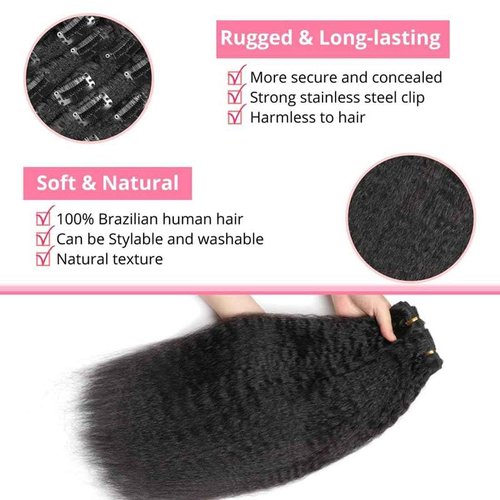 ShowJarlly Clip in Hair Extensions Real Human Hair 20 Inch Kinky Straight Clip ins 8Pcs Brazilian Remy Hair Extensions for Women Natural Black