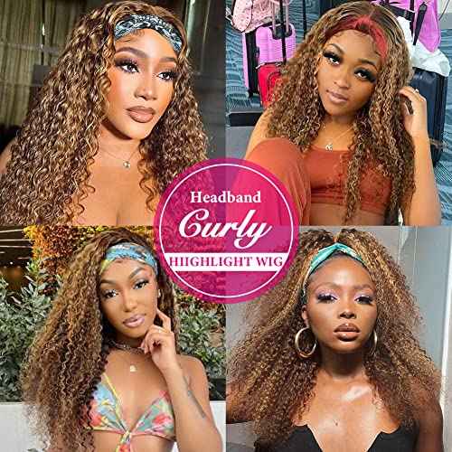 Eooma #4/30 Omber Headband Wig Curly Human Hair Wigs for Black Women 10A 180% Density Brazilian Kinky Curly Human Hair Headband Wigs Scarf No Gel Gluelees 22 Inch Remy Hair
