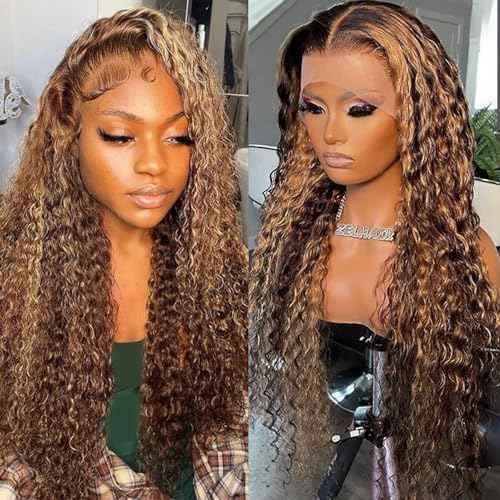 Ombre Lace Front Wig Human Hair 180% Density 4/27 Honey Blonde 13x6 Deep Wave Lace Front Wigs Wet and Wavy Curly Glueless Wigs Human Hair Pre Plucked with Baby Hair (Highlight, 26 Inch)