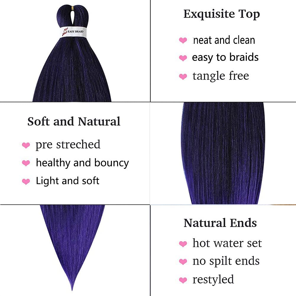 MSBELLE 26inch Pre Stretched Braiding Hair 6 Packs/lot Prestretched Braiding Hair Extensions 100g/Pack Pre Streteched Ombre Hot Water Setting Braids Hair Black to Purple(26inch Black to Purple)