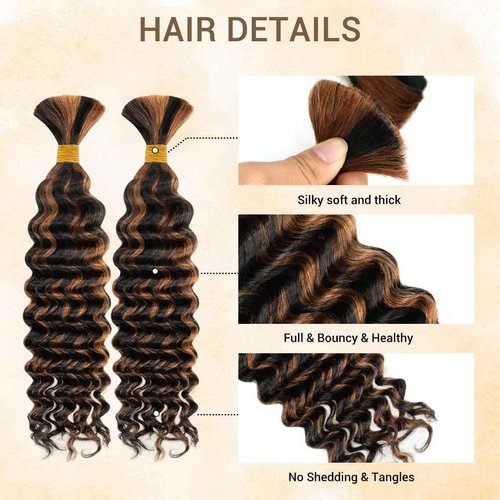 Human Braiding Hair for Boho Knotless Braids 2 Bundle 14 Inches 80g Deep Wave Bulk Human Hair for Braiding Hair Wet and Wavy 10A Brazilian Virgin Human Hair Balayage Black to Brown 1BP30