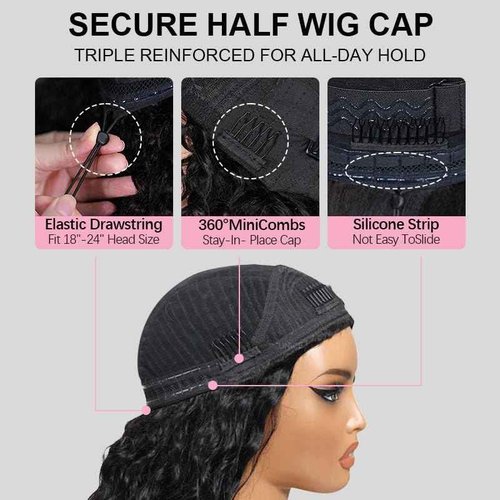 Moxuan Kinky Straight Half Wig Synthetic Hair 3 in 1 Seamless Flip Over Half Wigs Glueless Wear and Go Beginner Friendly Clip In Hair Drawstring Headband Wig Natural Black Color for Women 20 Inch