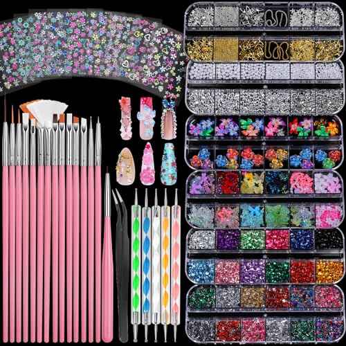 FANDAMEI Nail Art Brushes, Nail Art Kit with 15 Pcs Nail Art Brush, 5 Pcs Dotting Tools, 6 Box Nail Charms and Gems, 10 Sheet Flower Nail Stickers, Complete Nail Decoration Art with Nail Art Brushes