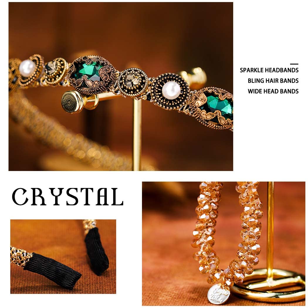 Coridy Gold Baroque Headbands Thin Rhinestones Hairbands Emeralds Hair Hoop Beaded Hair Ties Bejewelled Embellished Head bands (Fashion)