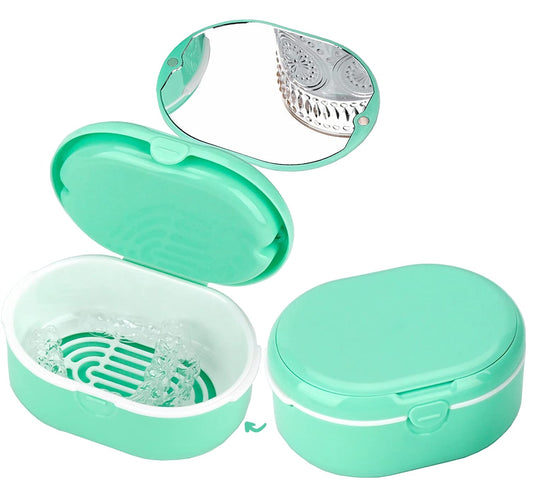 MURRI&MURRDI Retainer Case, Denture Bath Box with Strainer Basket, Mouth Guard Case, Braces Cleaner Cup, Cute Denture Holder Storage Soak Container for Travel Cleaning (D Green)