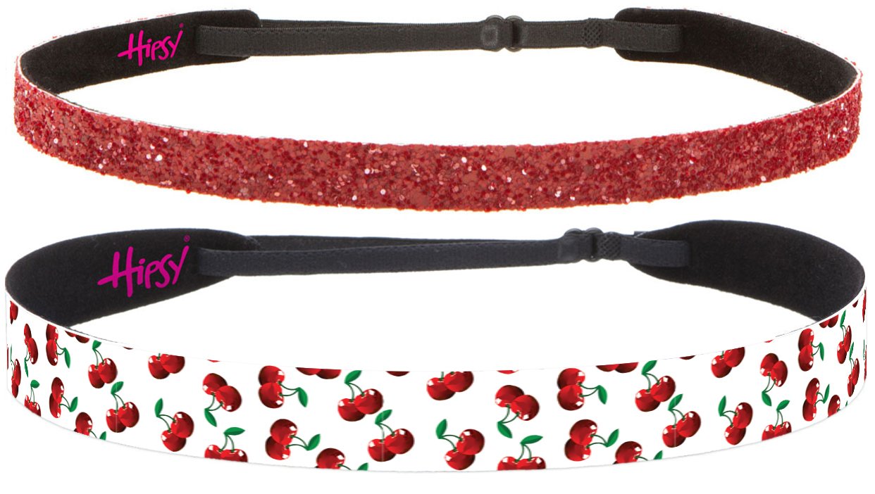 Hipsy Adjustable & No Slip Fashion Headbands for Women Cherry Gift Packs (White & Ruby Glitter)