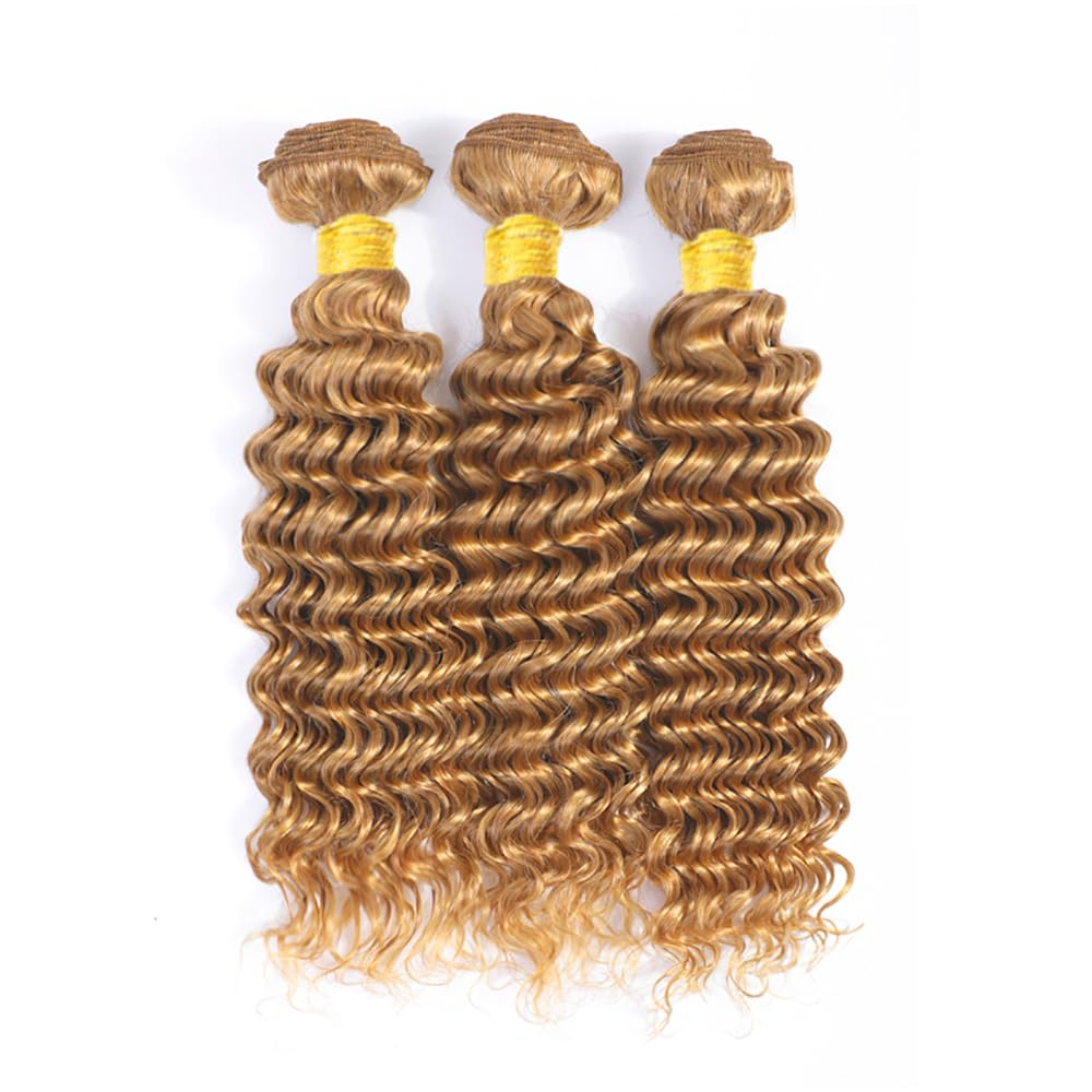 Color #27 Human Hair Bundles Blonde Human Hair Bundles Honey Blonde Deep Wave Bundles 14 16 18 inch Mixed Length 3 Bundles Blonde Wet and Wavy Bundles