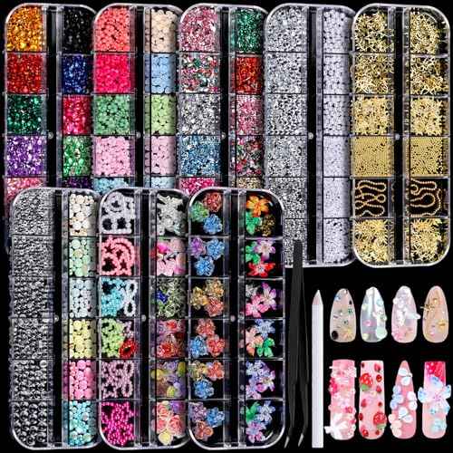 FANDAMEI Nail Charms, 8-Box Nail Charms and Gems, Fruit Bow Hawaii Flowers Petals 3D Nail Art Charms Bulk, Charms Y2K for Nails, Colorful Bubble Beads Nail Rhinestones, Gold Studs Nail Pearls for DIY