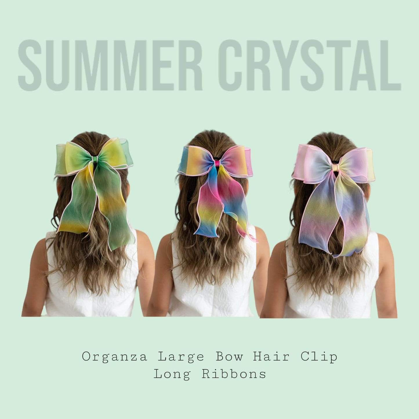 Summer Crystal Organza Large Bow Alligator Hair Clip - Long Ribbons - For Girls and Women - Ideal Hair Accessory for Birthdays, Daily Wear, Holidays, and Parties (Organza Melon)