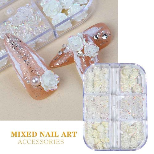 2 Boxes 3D Flower Nail Charms for Acrylic Nails, 12 Grids 3D Nail Art Flowers, Light Change Spring Summer Acrylic Flowers for Nails with Pearls Manicure DIY Nail Decorations (Camellia)