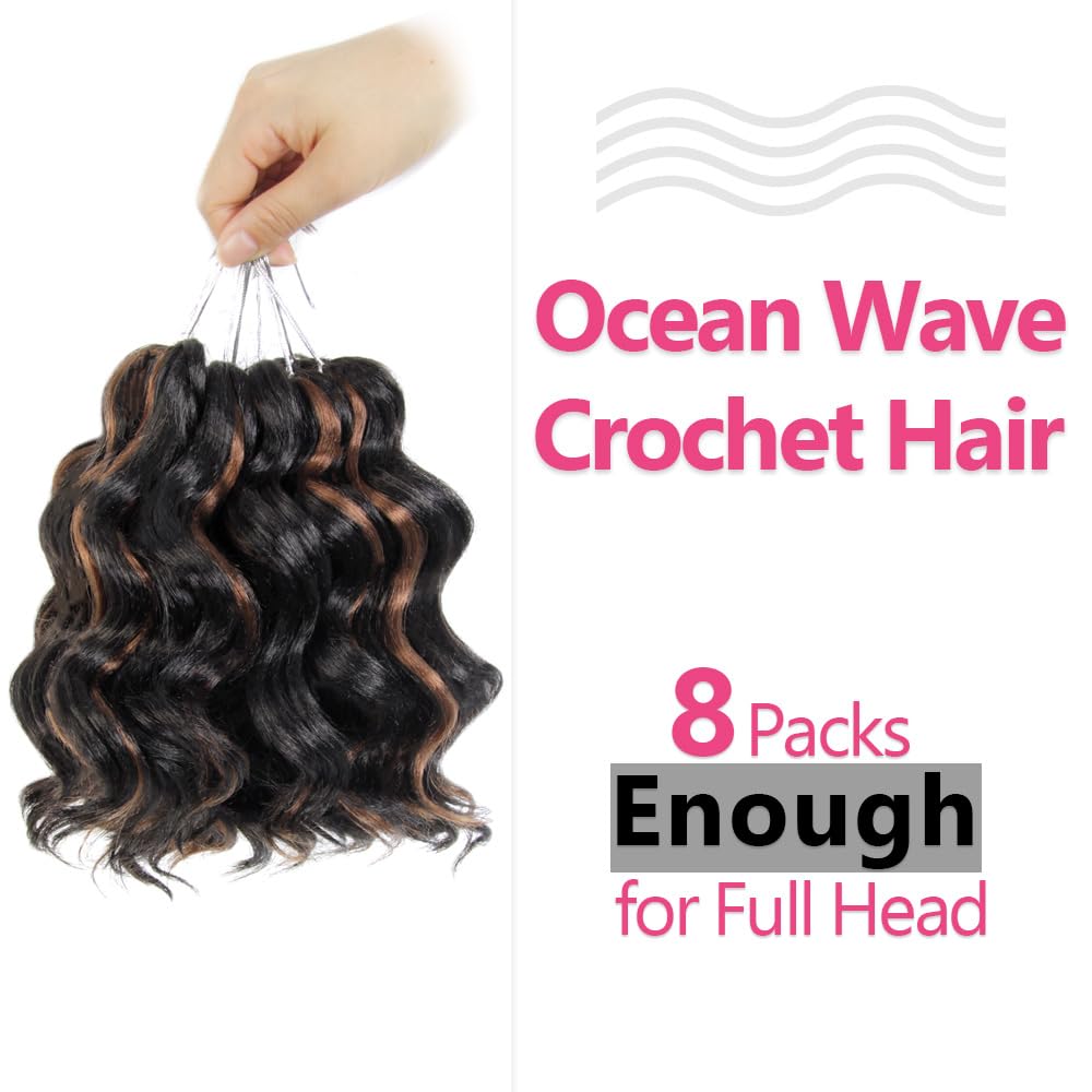 Niseyo NU Ocean Wave Crochet Hair 6 Inch 8 Packs Soft Deep Twist Crochet Braids Synthetic Wavy Braiding Hair Extensions P1B/30(Mix Black/Dark Brown)