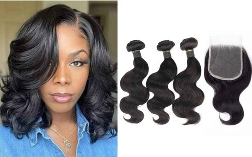 DreamPack Bundles with Closure Human Hair Body Wave Bundles Human Hair with 4x4 Lace Closure 100% Unprocessed Virgin Hair Extensions Natural Color (8" 8" 8" + 8" Closure)