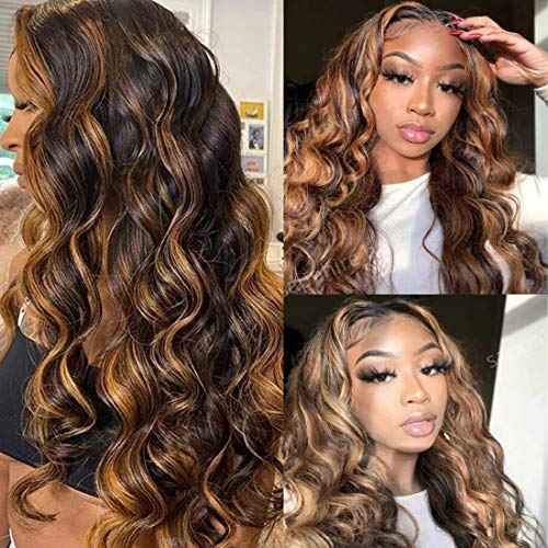 UNice Brown Highlight Body Wave Human Hair Weave 3 Bundles 10 12 14 inch, Brazilian Remy Hair Ombre Blonde Human Hair Wavy Weaves Sew in Piano Color TFB30