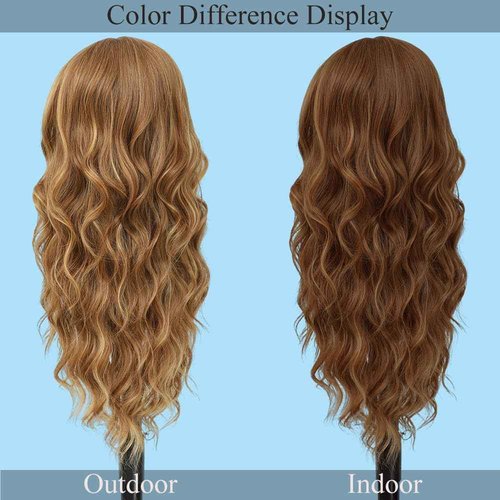 Long Brown Mixed Blonde Wigs for Women Highlights Blonde Wig Natural Middle Part Synthetic Curly Hair Heat Resistant Fiber Hair Replacement Wigs for Daily Party