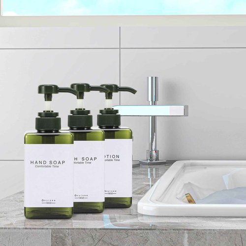 GOYISEE Plastic Refillable Hand Soap Dispenser Modern Square Pump Bottle for Bathroom Vanities or Kitchen Sink, Countertops - 3 Packs with Waterproof Label(Green)