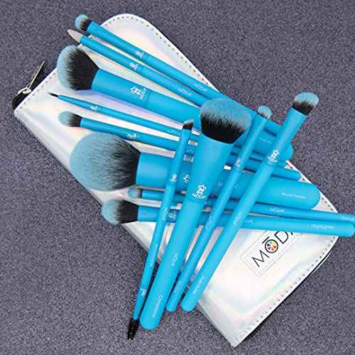 MODA Totally Electric Neon Blue Full Face Makeup Brush Kit ? 13pc Vibrant Brush Set for Face & Eyes with Zip Case