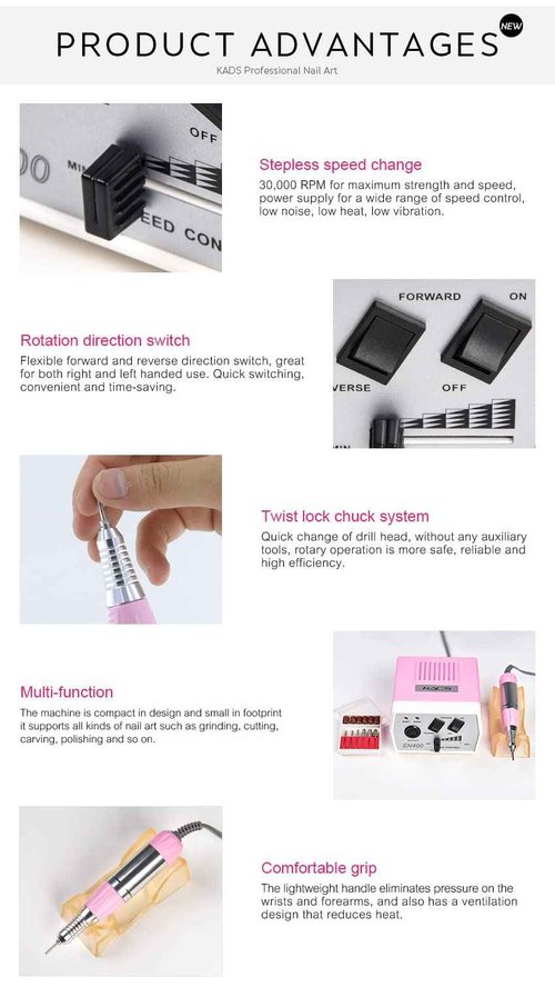 Professional Nail Drill Machine Electric Nail File Acrylic Manicure Pedicure Grinding Drill Set Low Heat Low Noise Low Vibration,30000 RPM Polishing Shape Tools Design for Home Salon Use(Pink 110V)