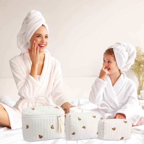 Paterr 3 Pieces Cotton Quilted Makeup Bag Set Coquette Cosmetic Bag Aesthetic Travel Toiletry pouch Cute Pouch Kawaii Aesthetic for Women(White,Little Bear)