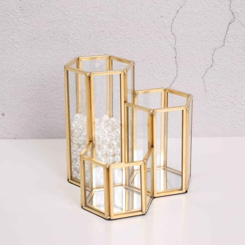 K COOL Decorative Makeup Brush Holder Pen Pencil Holder for Desk Organizer Gold Glass Cosmetic Display Cases Pot for Women Girls