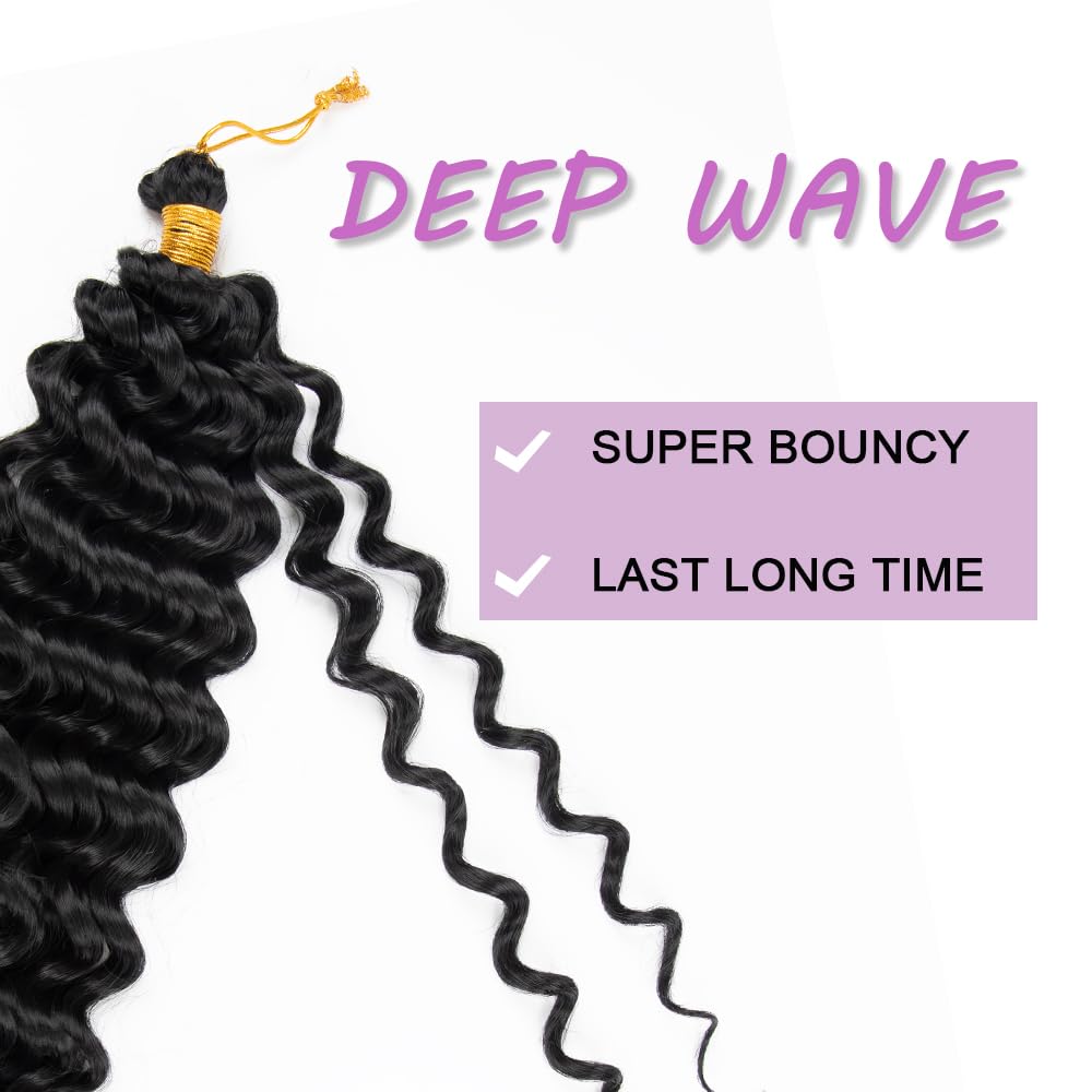 Deep Wave Crochet Hair 16 Inch 6 packs Long Curly Braiding Hair Extensions Ocean Wave Crochet Hair For Black Women Synthetic Ocean Wave Curly Crochet Hair For Boho Box Braids (1B, 16inch, 6pack)