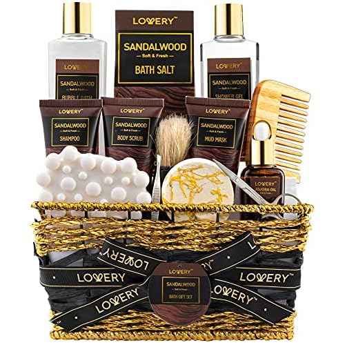 Christmas Mens Gift Set, 14Pc Sandalwood Bath Gift Set, Personal Self Care Kit, Gifts from Son, Relaxing Man Gift Basket for Dad, Boyfriend, Husband, Birthday Basket, Grooming & Skin Care for Men