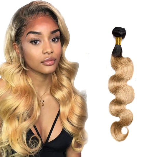 Ombre Bundles 1b/27 Body Wave Human Hair Bundles Two Tone Black And Blonde Human Hair 1 Bundle 14 Inch Brazilian Virgin Soft And Shiny Remy Hair Extensions For Black Women 100g/Pc