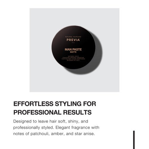 PREVIA Man Paste - Matte Hair Styling Paste for Natural Hold and Texture | Molding Hair Paste for Short or Long Hair | Vegan Gluten-Free Sulfate-Free Hair Styling Solution (3.38 oz)