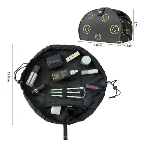 MESTOOTH Drawstring Makeup Bag Open Lay Flat,Large Capacity Cosmetic Bag For Women Purse With Compartments,Travel Toiletry Bag Accessories Organize (Green) (black)