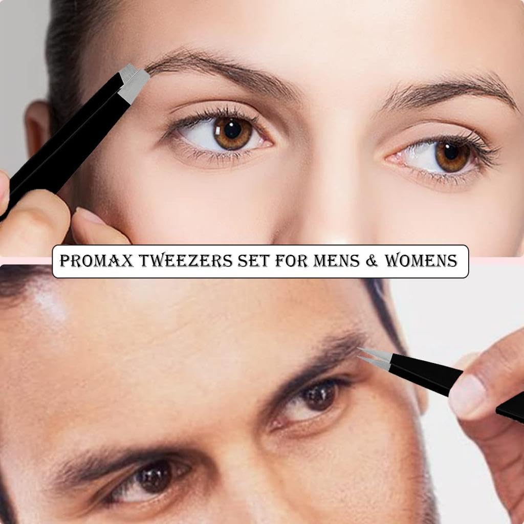 PromaxCare Tweezers Set - Professional Stainless Steel Tweezers for Eyebrows - Great Precision for Facial Hair, Splinter and Ingrown Hair Removal (Black)