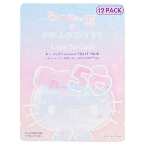 The Crème Shop x Hello Kitty Look So Cool Printed Essence Sheet Mask, Infused with Hydrating and Cooling Glacial Water, Korean Face Mask - 50th Year Anniversary Limited Edition (Pack of 12)