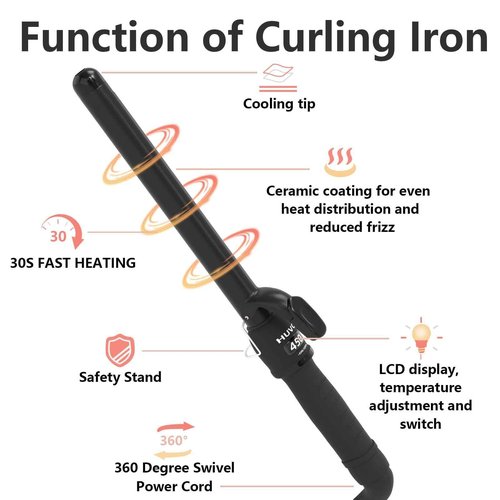 Huvcy 1 Inch Curling Iron - Ceramic Curling Iron, Fast Heat Function LCD Display 180°F-450°F Adjustable, Long Lasting Beach Waves, Dual Voltage Curler, Heat Resistant,Black