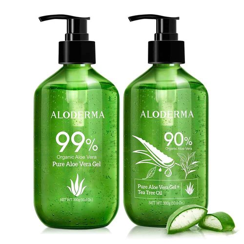 Aloderma Aloe Vera Gels Set, 2 Pieces - 300g Aloe Vera Gel, 300g Aloe Vera Gel + Tea Tree Oil - Hydrating, Soothing, Moisturizing