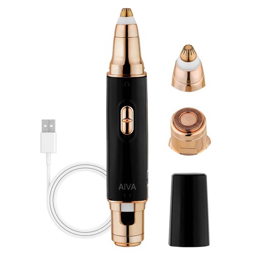 SPA SCIENCES - AIVA Deluxe - Dual 2-in-1/Double Sided Facial Hair Remover & Eyebrow Trimmer USB Rechargeable with Built-in LED Lights & 2 Extra Replacement Heads