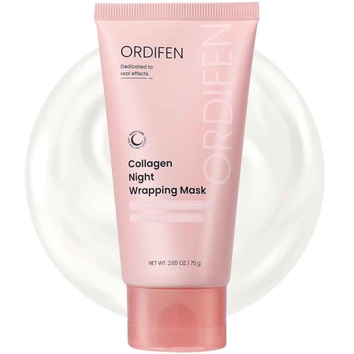 ORDIFEN Collagen Night Wrapping Mask for Glowing Skin, Collagen Overnight Wrapping Peel Off Facial Mask for Elasticity Hydration, Reduce Sagging Dullness, 2.65 fl.oz, Pink(Brush Included)