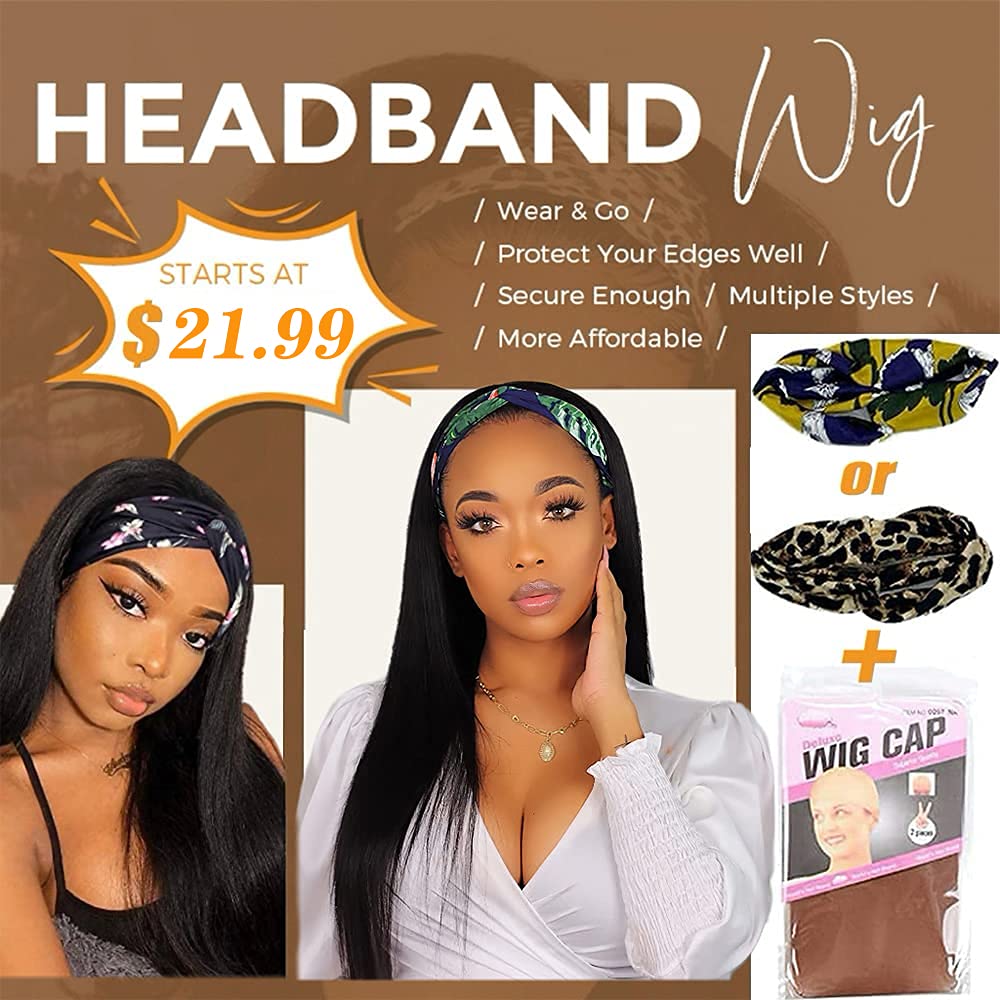 Angels Beauty Straight Headband Wig for Women Black 22 Inch Long Straight Headband Wig Premium Synthetic Headband Wig Natural Glueless None Lace Front Wigs with Headbands & Wig Caps(Black)