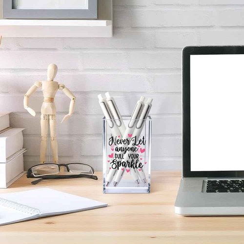 Vgrti Never Let Anyone Dull Your Sparkle Acrylic Makeup Brush Organizer Holder, Girl Power Desk Acrylic Brushes Storage, Inspirational Quote Gifts for Women Friend Sister Make Up Artist Makeup Lover