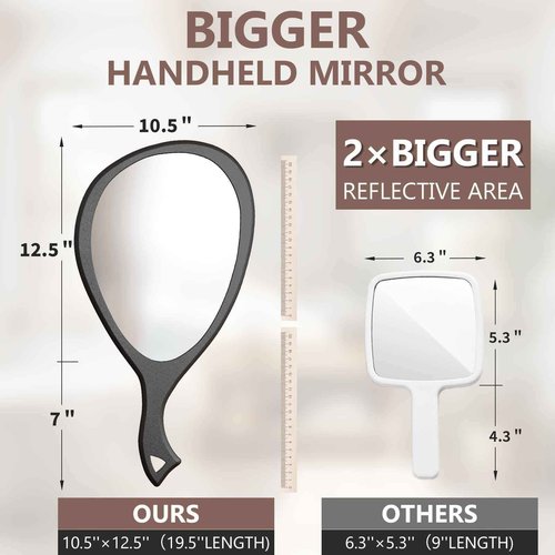 Large Handheld Mirror with Handle - 10.5" W x 19.5" L Extra Large Size to See The Entire Back of Your Head, Clear Without Distortion, Ergonomic Handle with Hanging Hole for Hanging, Oval, Black