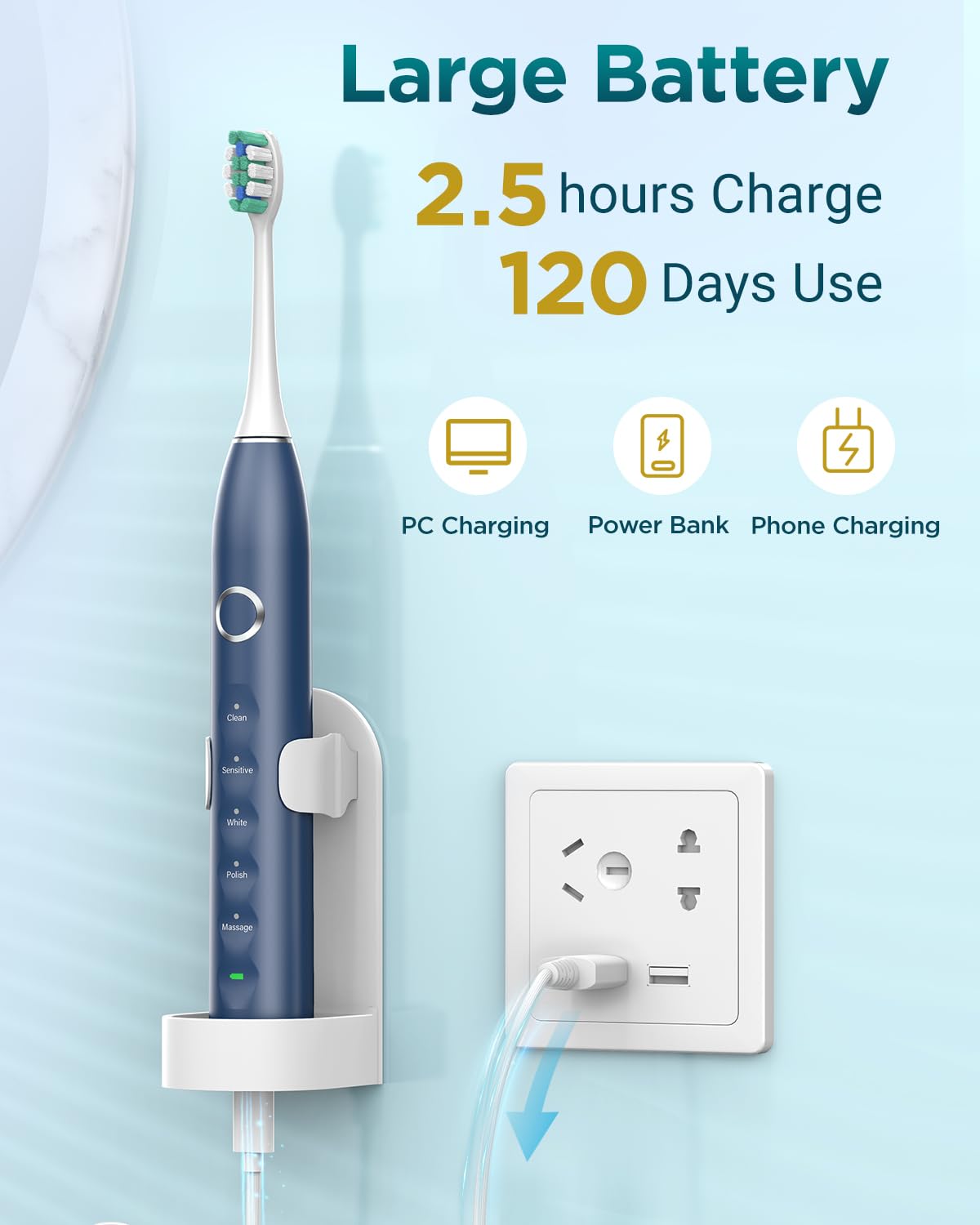 Rtauys S5 Electric Toothbrush Set IPX7 with 8 Brush Heads, Sonic Toothbrush for Adults Rechargeable with Travel Case, 2.5 Hours Charge for 120 Days, 5 Modes with 2 Minutes Built in Smart Timer Blue