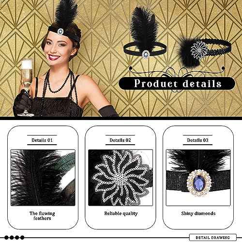 Ceenna 24 Pcs 1920s Flapper Headbands Roaring 20s Black Feather Headpiece for Women 1920s Hair Feather Accessories Birthday Party Hair Costume Decorations