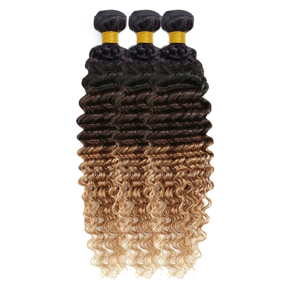 Ombre Human Hair Bundles 1B427 Deep Wave Bundles 8A Brazilian Virgin Remy Hair 3 Bundles 12 14 16 Inch 3 Tone Black and Honey Blonde Bundles Ombre Deep Wave Bundles Human Hair Weave