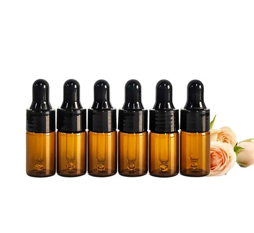 PYAWI 50Pcs Amber Glass Mini Dropper Bottle 1/3ml Amber Essential Oil Bottles Vials Travel Cosmetic Sample Container Liquid Perfume Eye Droppers Bottle (3ml)