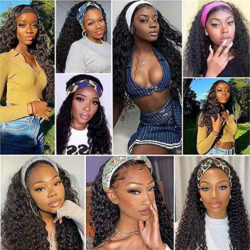 Deep Wave Headband Wig Human Hair 16 Inches Glueless None Lace Front Wigs Machine Made 150% Density Natural Color Human Hair Wigs for Women