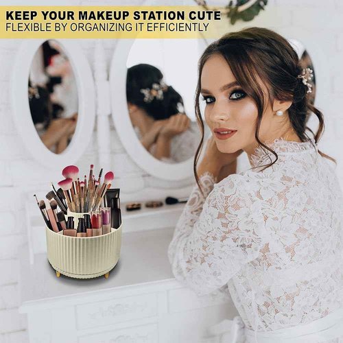 PILOMA Makeup Brush Holder Organizer – 360° Rotating Makeup Brush Organizer - 5 Large Compartment Cosmetic Organizer -Eyeliner, Nail Polish, Art Supply, Bathroom Vanity Desktop Organizer (Cream)