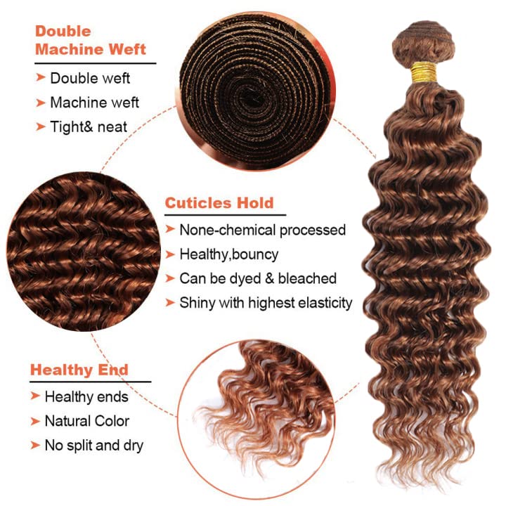 24 24 24 Inch Color #30 Deep Wave Bundles Brown Human Hair Bundle Brazilian Virgin Brown Wet and Wavy Bundles Human Hair Double Weft Light Brown Human Hair Bundles Color #30