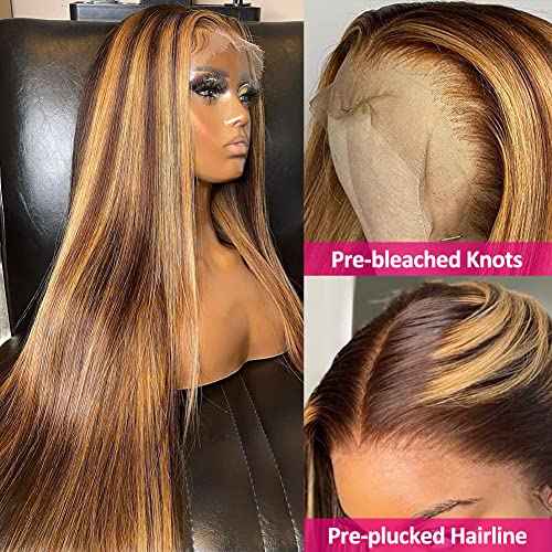 Flady Highlight Ombre Lace Front Wig Human Hair Pre Plucked 4/27 Colored Honey Blonde HD Lace Frontal Wigs For Black Women Human Hair 150 Density Straight Wigs Human Hair