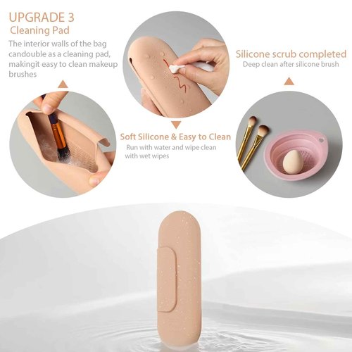 Silicone Makeup Brush Holder Set – Portable Travel Makeup Brush Holder with Makeup Sponge Holder and Foldable Cleaning Bowl – Upgraded 3-in-1 Cosmetic Organizer Set (khaki)