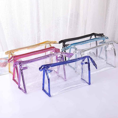 SITAKE 12 Pcs Portable Transparent Cosmetic Bags, Clear Waterproof Makeup Bags with Handle, PVC Travel Toiletry Bags Pouches, Clear Pencil Cases, Stationary Organizers(6 Colors)
