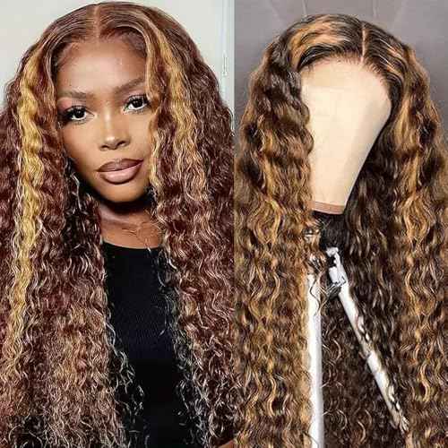 Highlight Ombre 13x4 Lace Front Wig Human Hair Pre Plucked HD Transparent 4/27 Honey Blonde Lace Front Wig with Baby Hair 180% Density Colored Water Wave Wig for Women 22 Inch